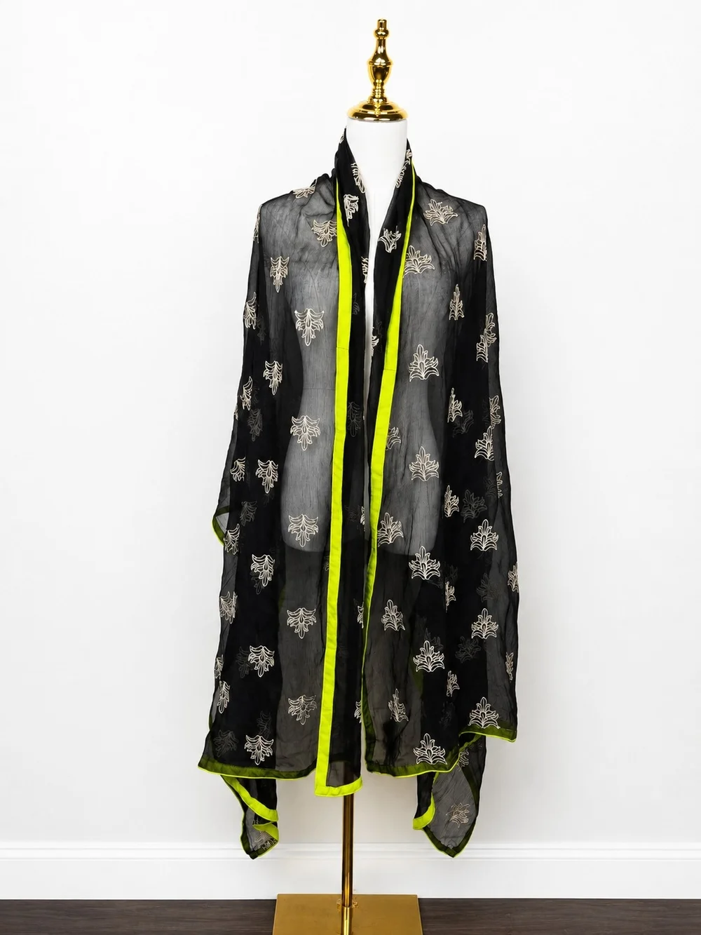 Oversized Sheer Embroidered Wrap Shawl Scarf Neon Trim Resort Beach Cover Up